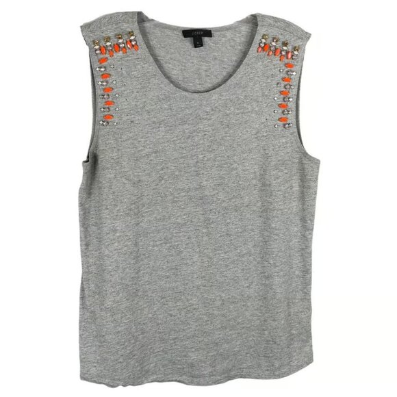 J Crew Small Tank Top Gray Beaded Embellished Sleeveless Tee Rhinestone - Picture 1 of 3